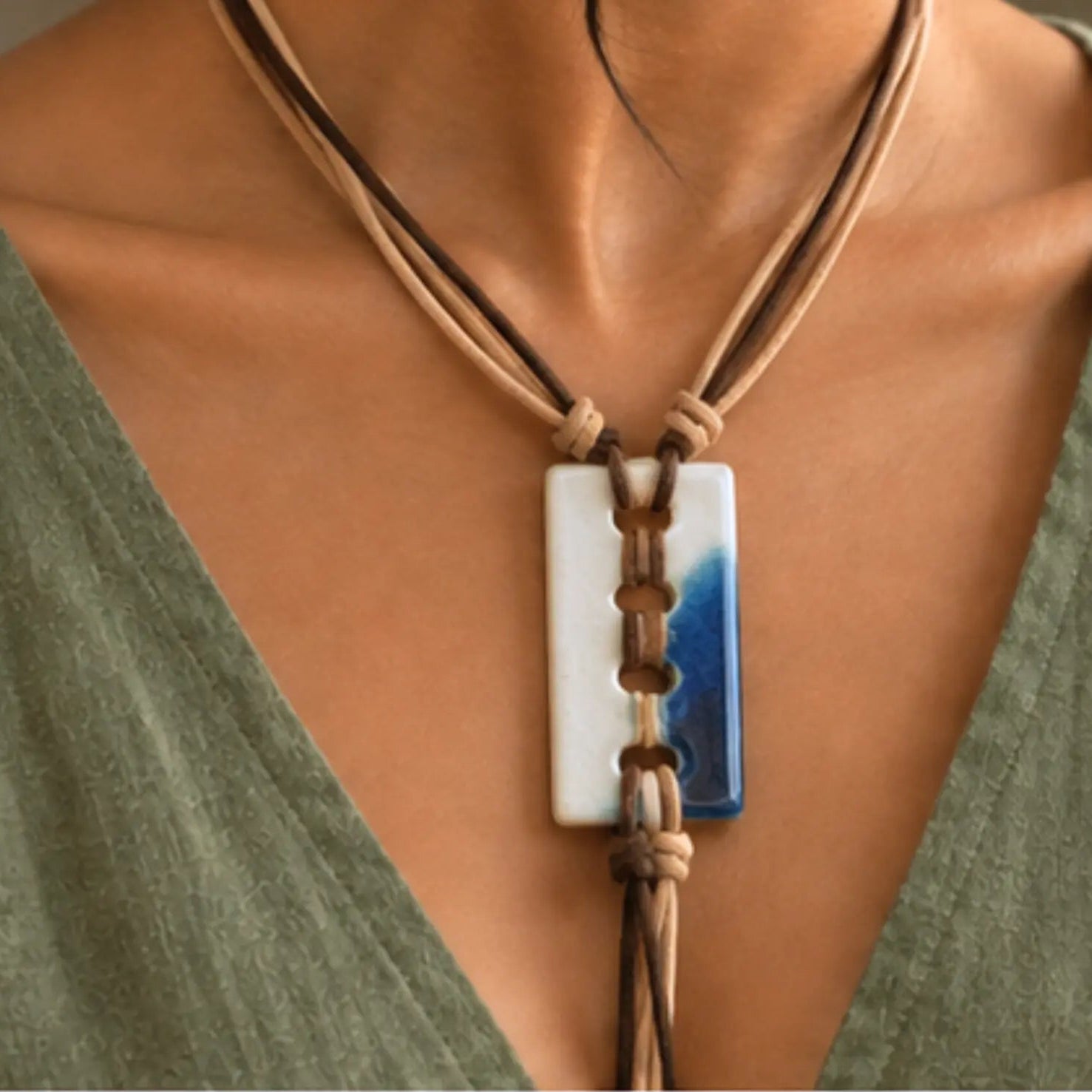 Minimal Blue Wave Ceramic Necklace | Earthan