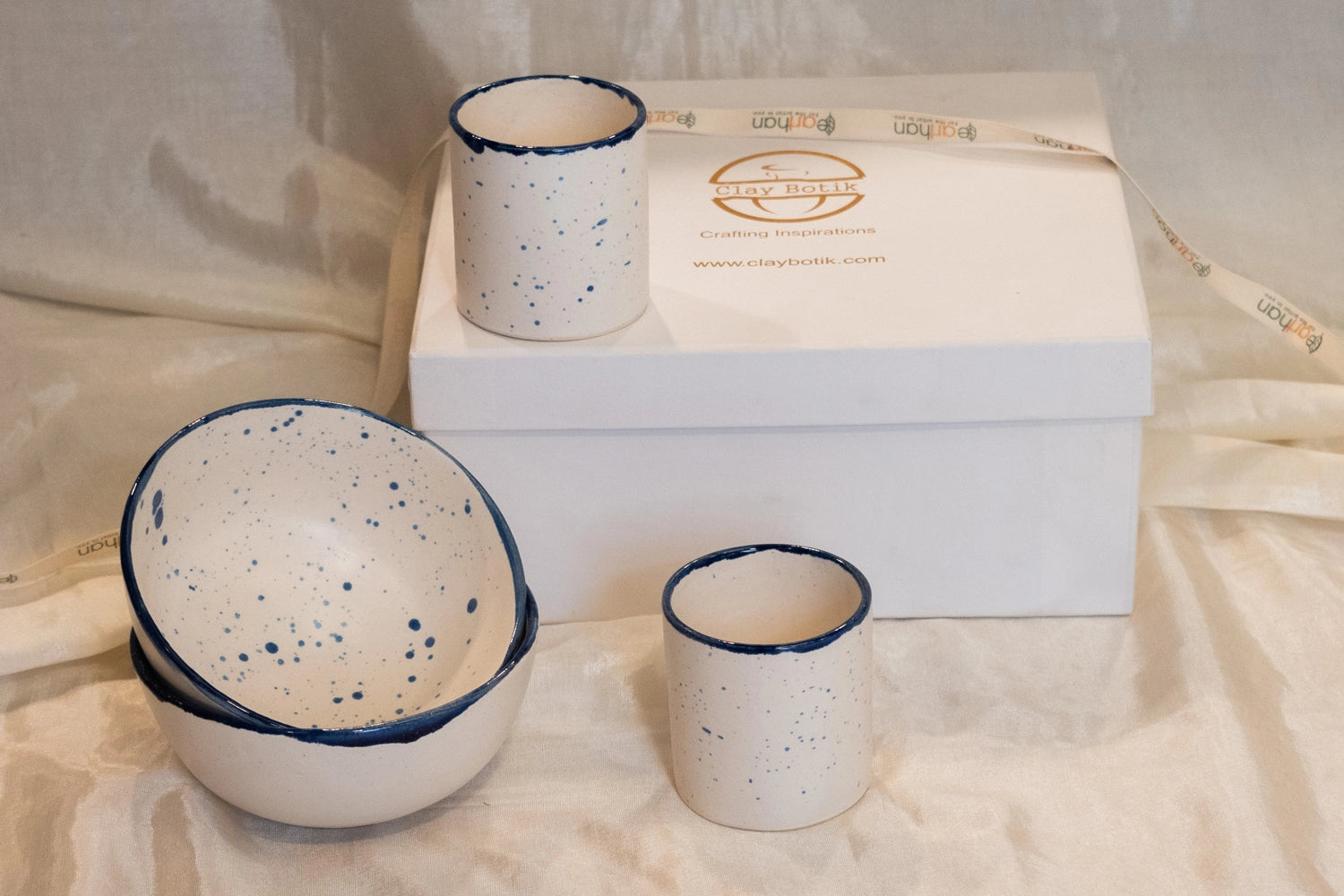 Wedding Tea Gift Set: Handcrafted Blue White Ceramic Cup & Bowl