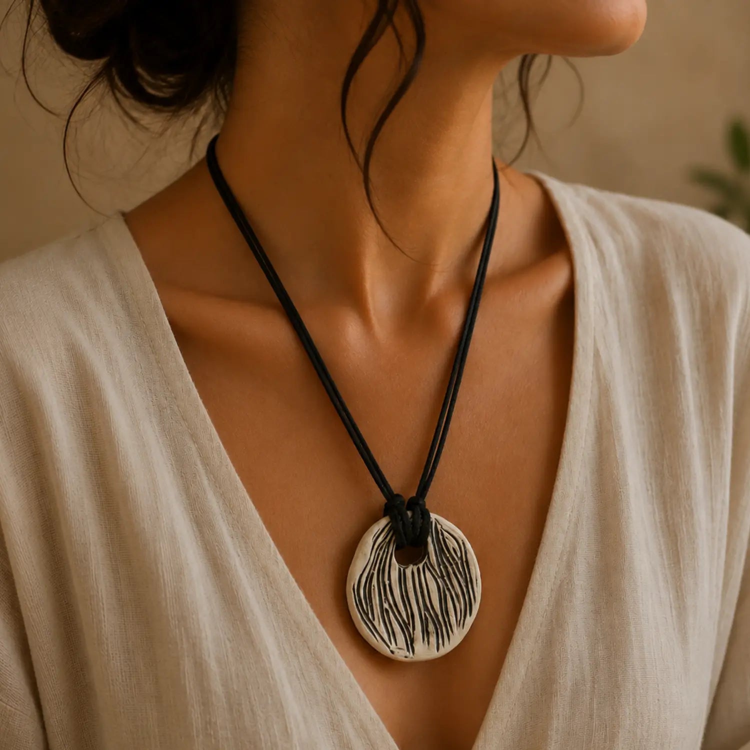 Handmade white ceramic pendant with black earthline etching on black cord, boho style -- Earthan Jaipur