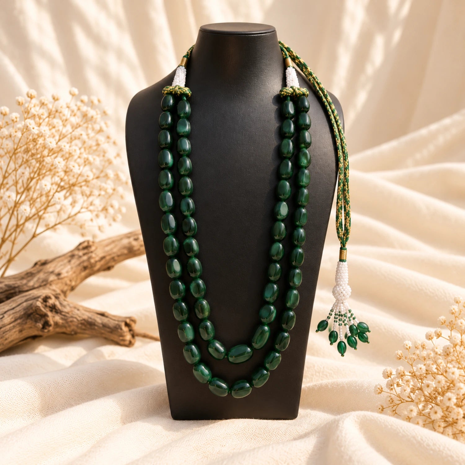 Dark Green Double-Strand Beaded Mala Necklace for Women | Earthan