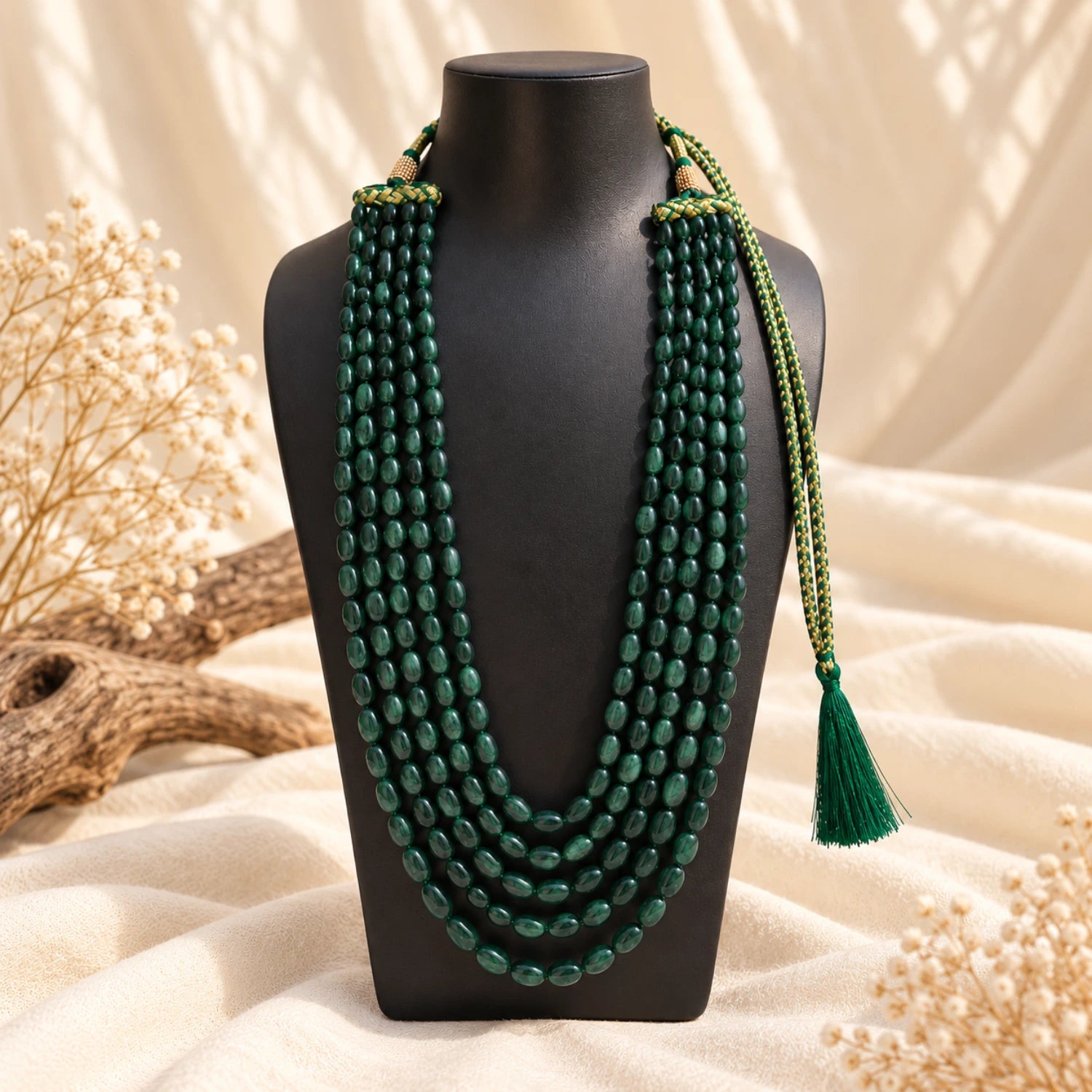 Emerald Green 5 Strand Beaded Mala Necklace | Earthan