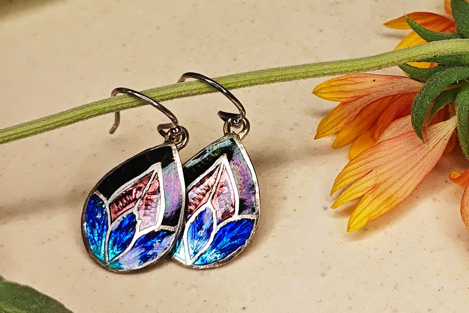 Deals Silver leaf cloisonnè pendant earrings