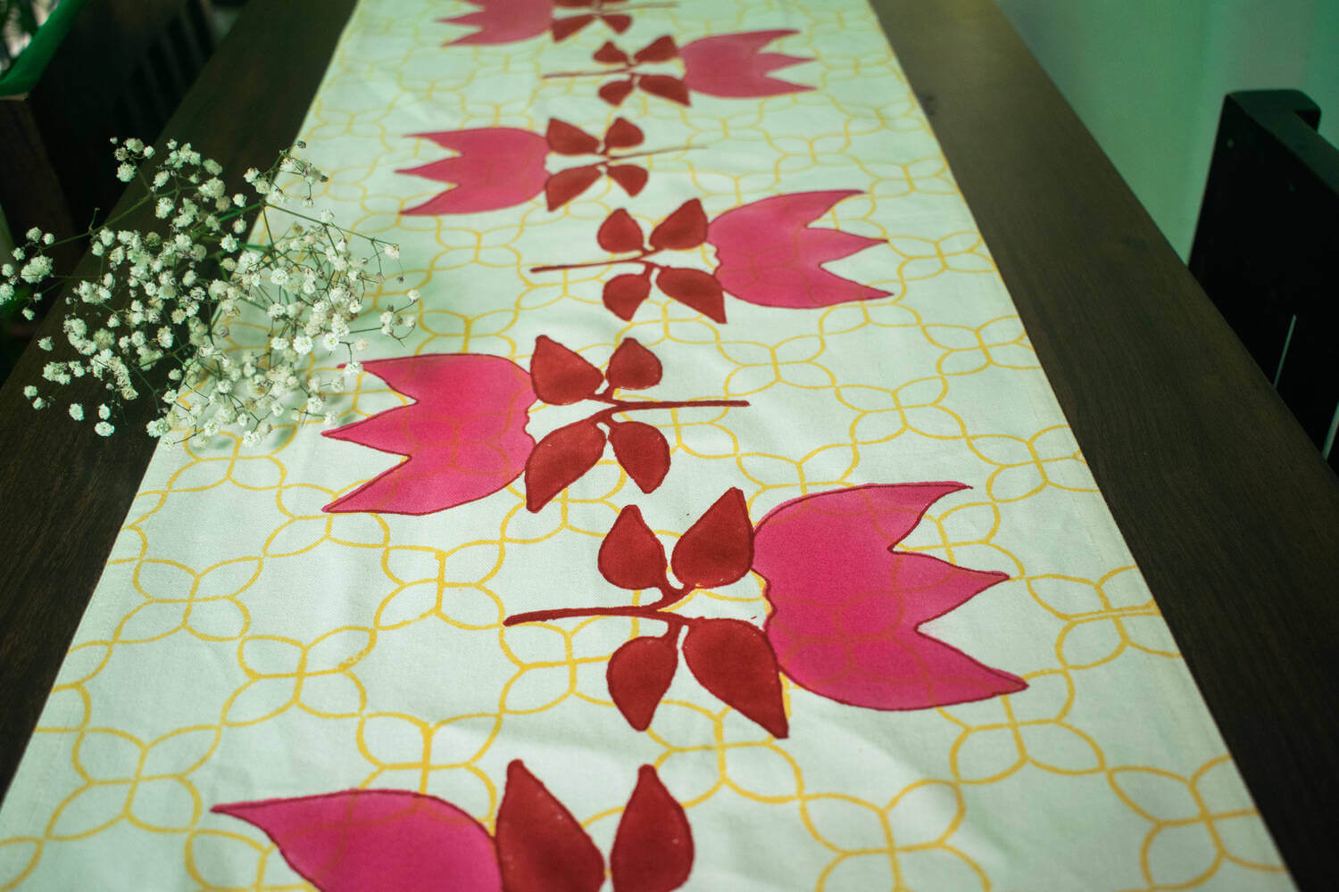 Red Block Print Table Runner | Genda Phool