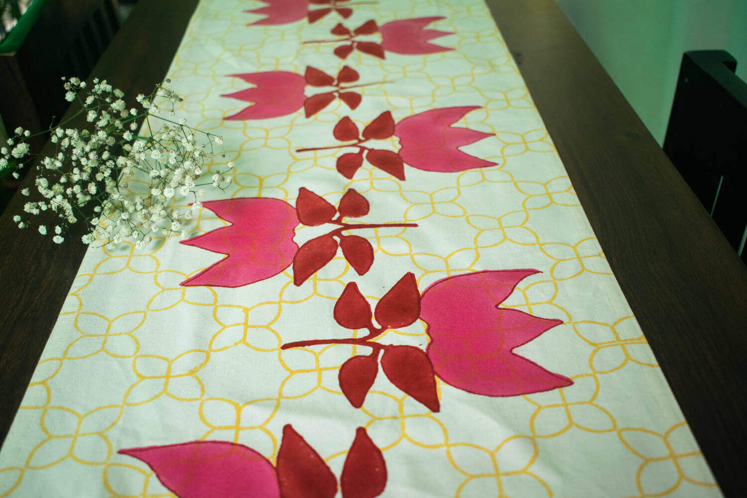 Gulabi Bougainvillea - Hand block printed cotton canvas table runner | Earthan
