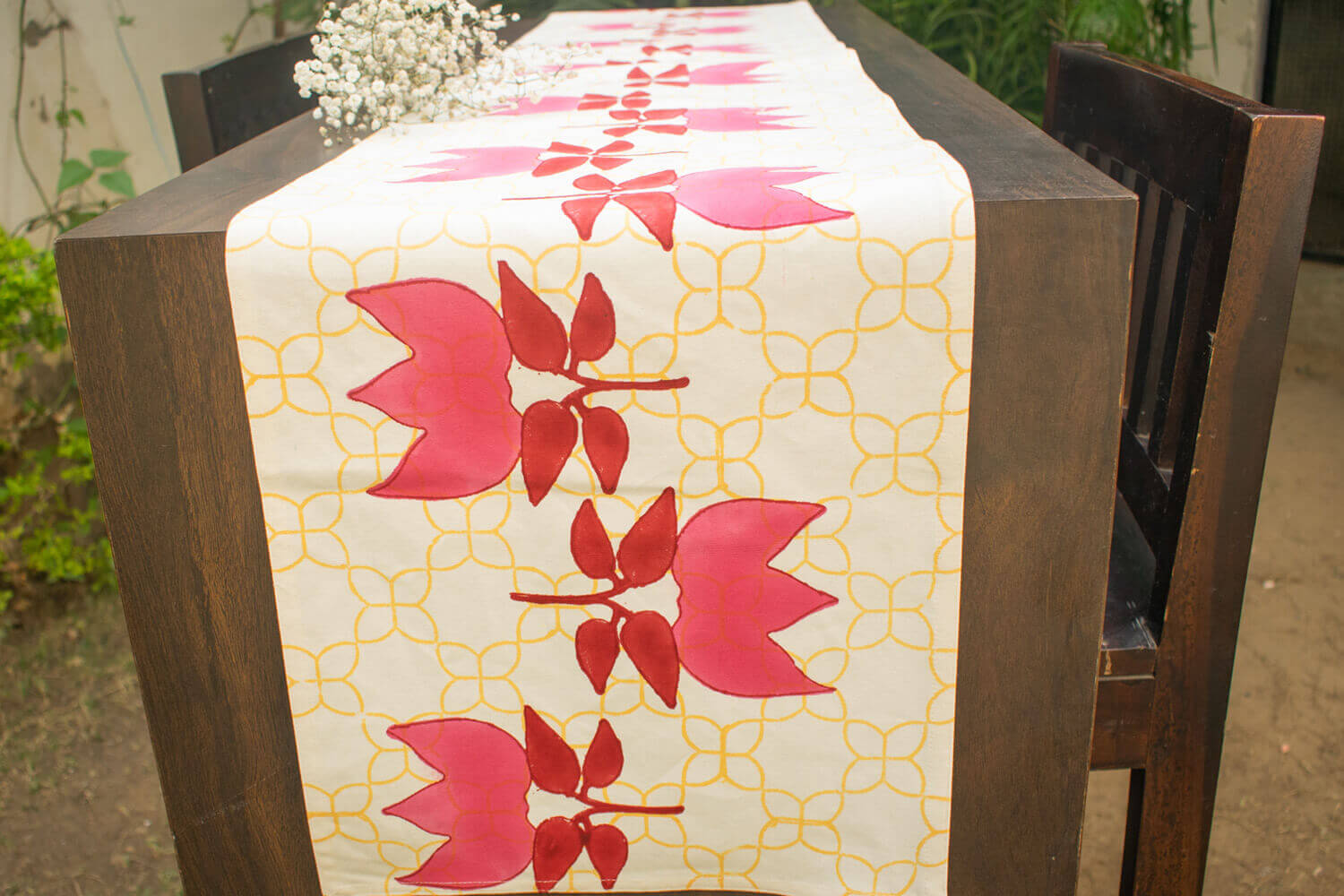 Gulabi Bougainvillea - Hand block printed cotton canvas table runner | Earthan