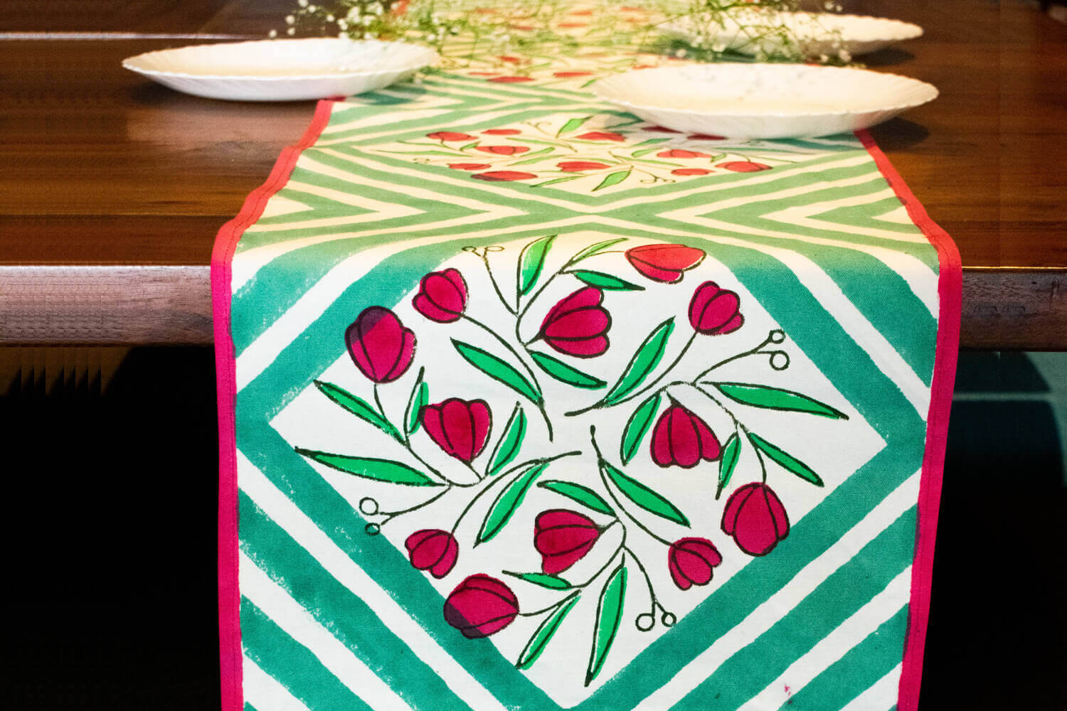 Kand Pushp- Hand block printed cotton canvas table runner | Earthan