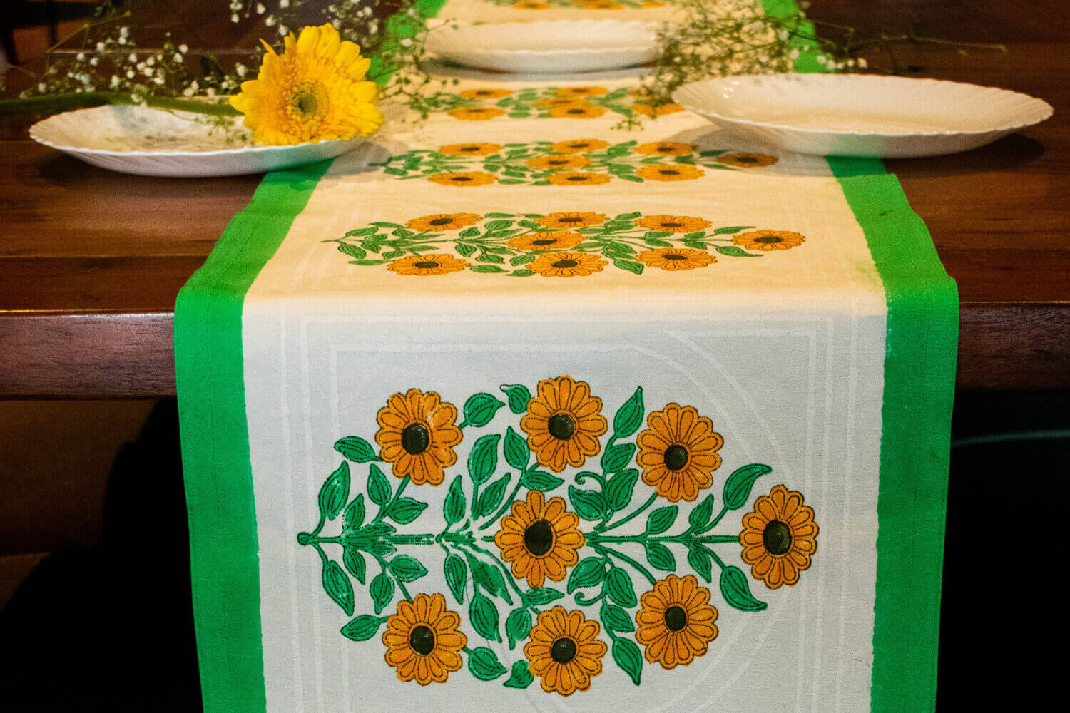 Surajmukhi - Hand block printed cotton canvas table runner | Earthan