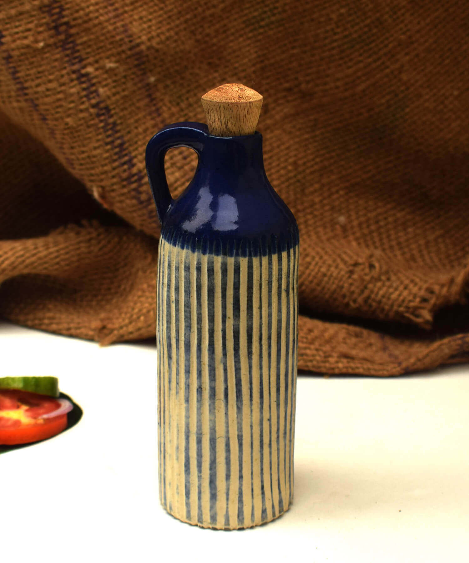 Blue Hand-carved Ceramic Oil Bottle | Earthan