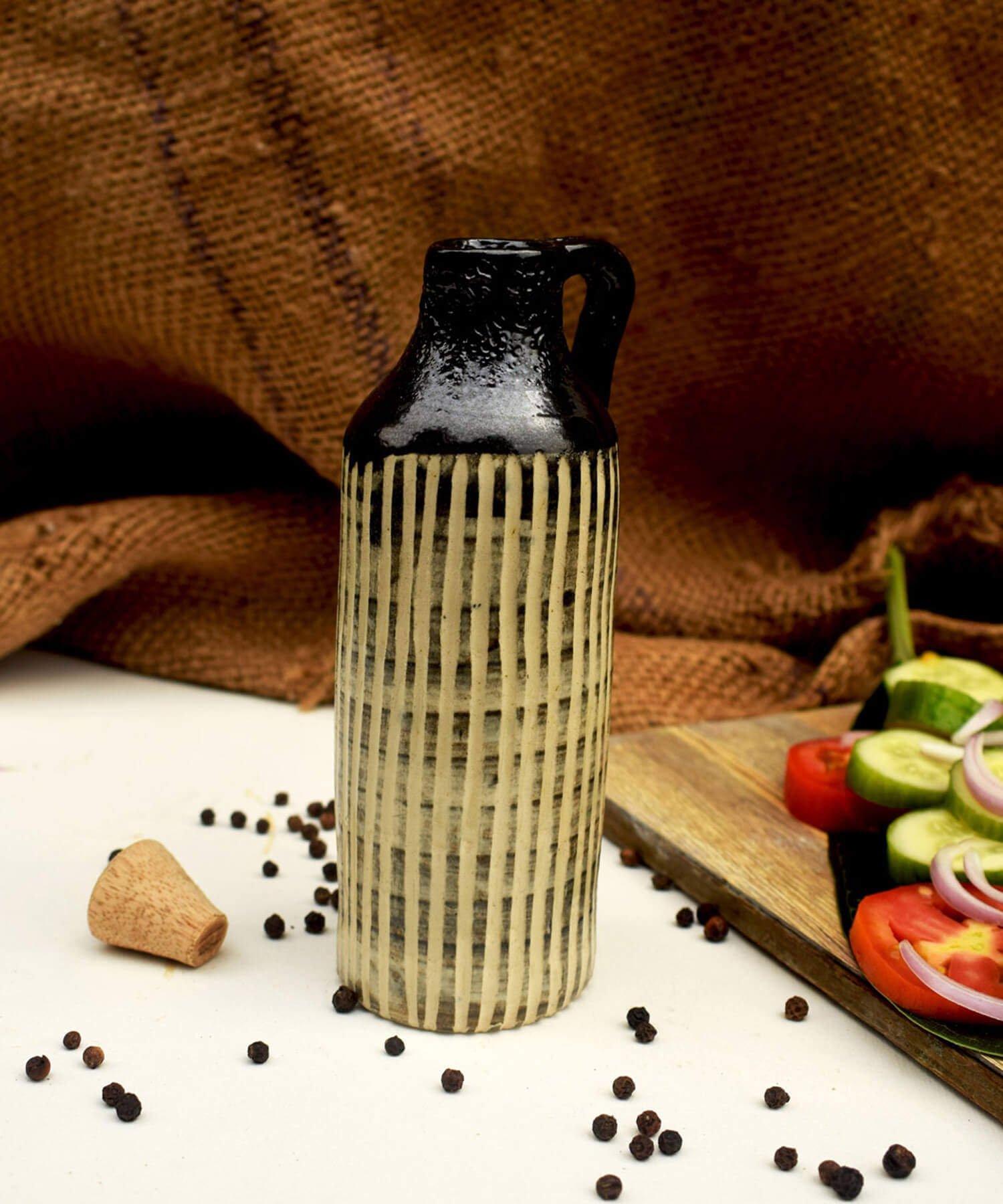 Black Hand Carved Ceramic Oil Bottle | Earthan