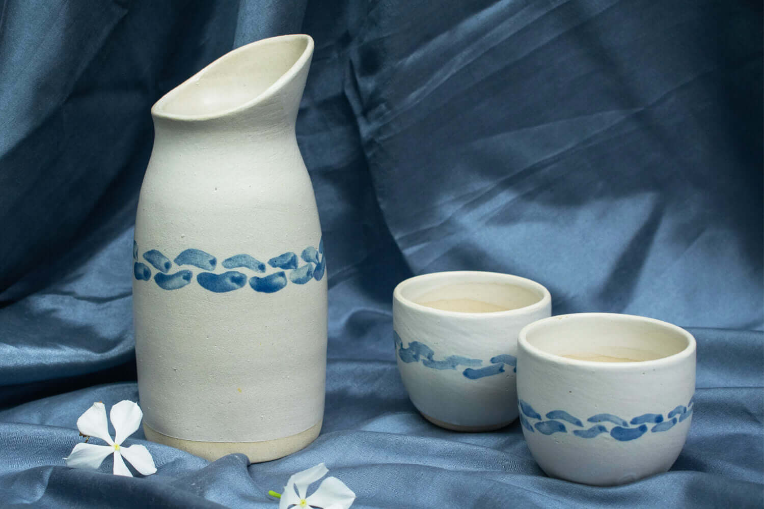 White Blue Ceramic Jug and 2 Tea Cups | Earthan