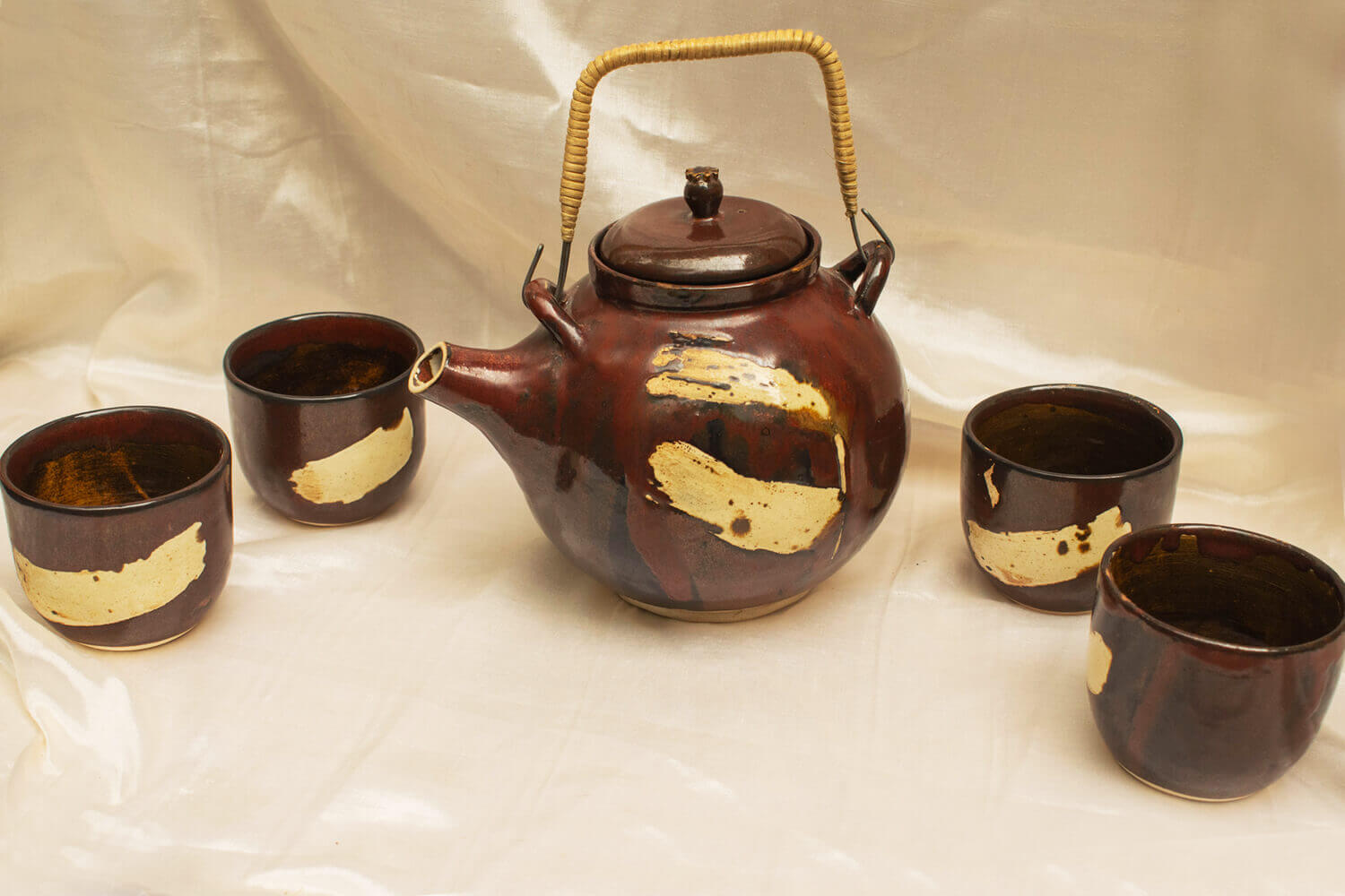 Studio Pottery Ceramic Red Teapot and Cups Set