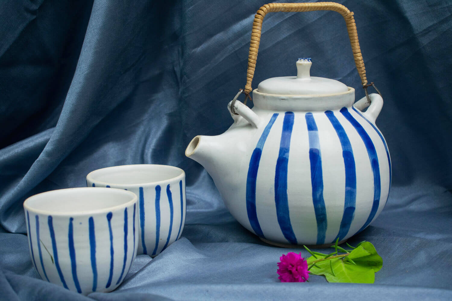 Studio Pottery Ceramic White Teapot with 2 Teacups