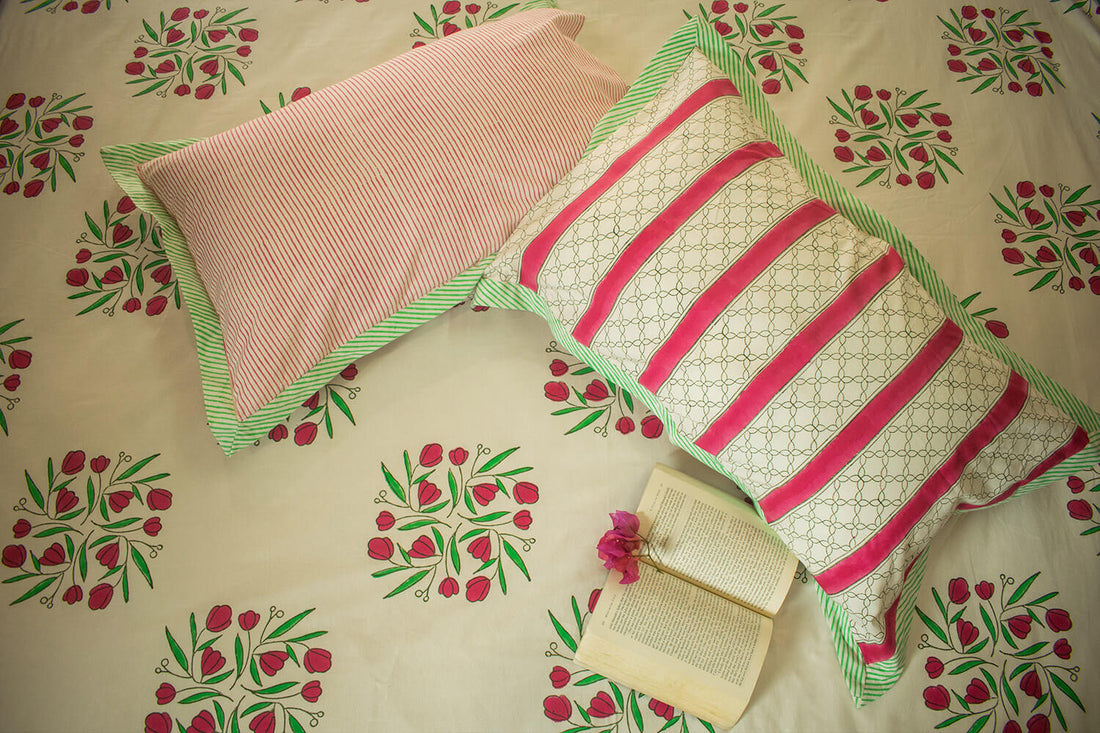 Hand block print cotton bedsheet with floral motif, Jaipur