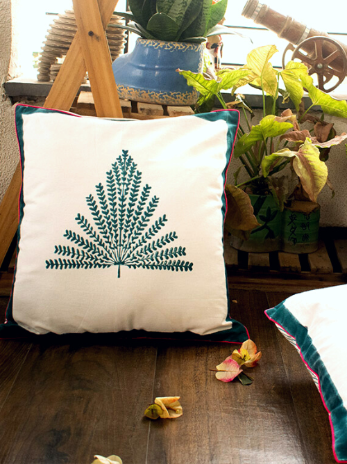 Handmade cotton cushion cover with teal fern embroidery, Earthan Jaipur
