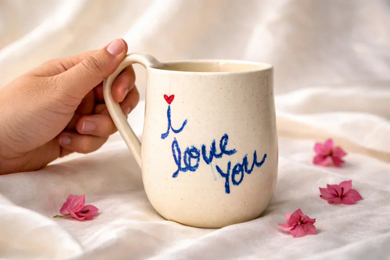 White ceramic mug with hand-painted "I Love You" print, Earthan Jaipur