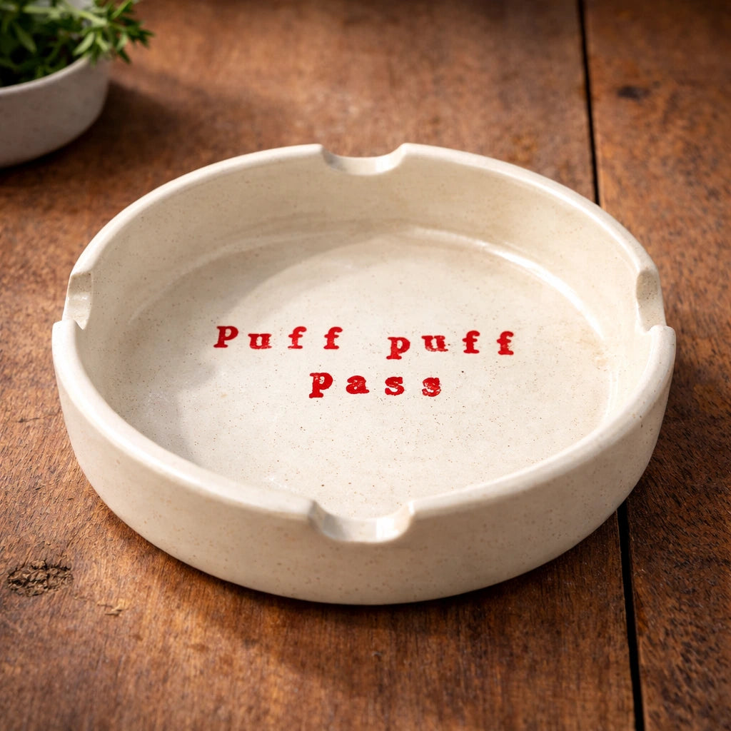 Ceramic Ashtray with quirky 'Puff puff pass' message in red on a handmade ceramic finish.