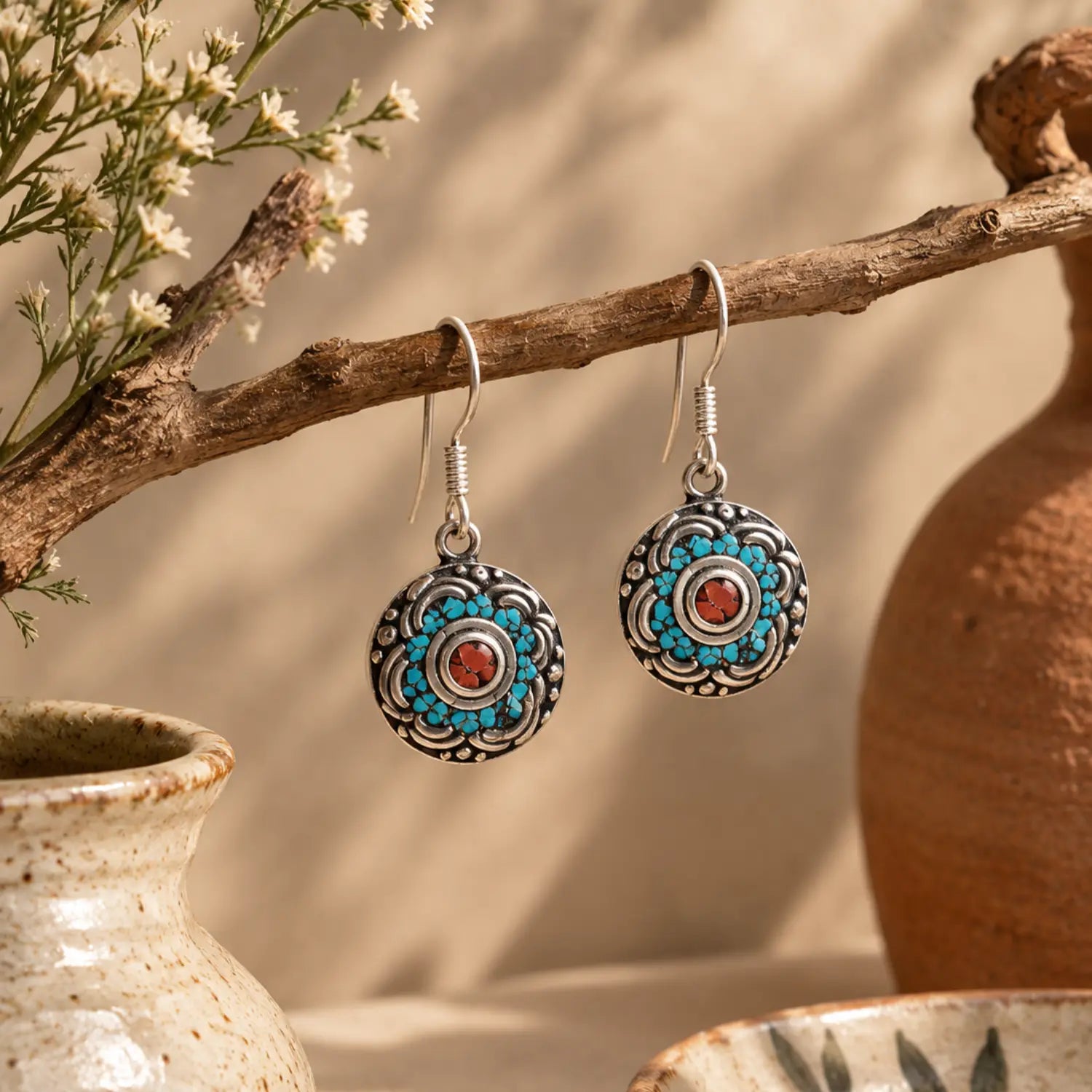 Silver Jewelry Turquoise Lapis Coral Drop Earrings | Earthan