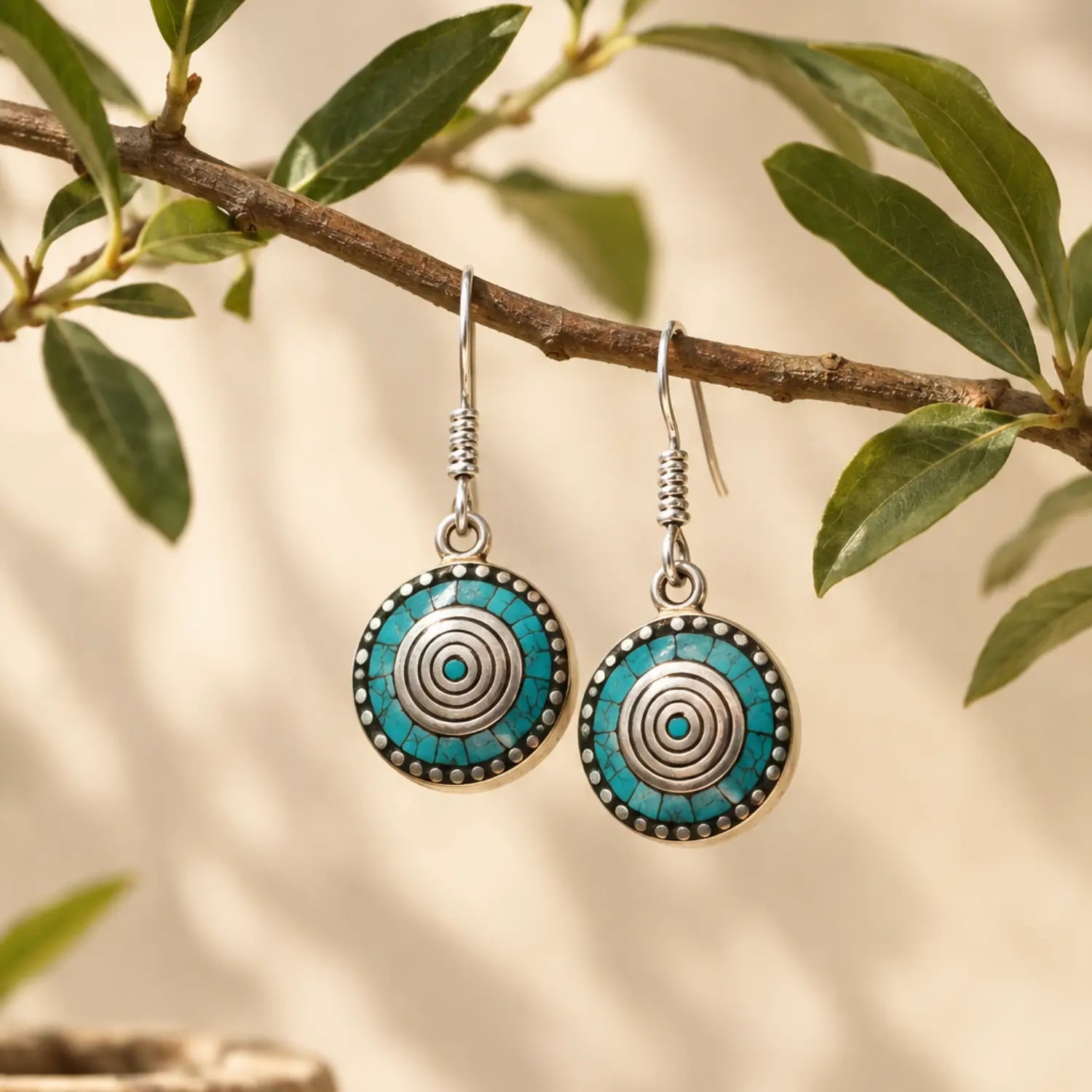 Tibetan Silver Turquoise Blue Dangling Earrings | Earthan
