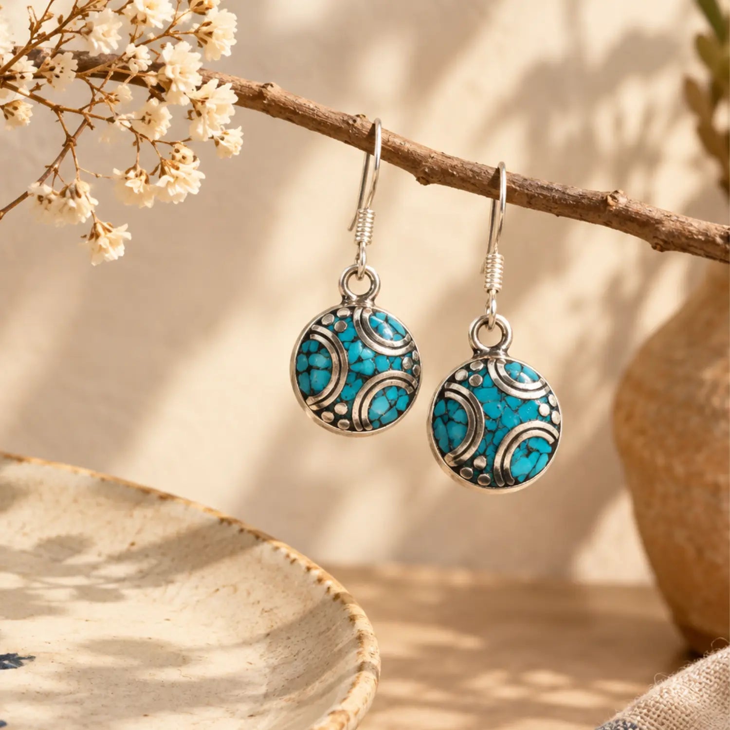 Silver Jewelry Tibetan Silver Turquoise Dangling EarringsI Earthan