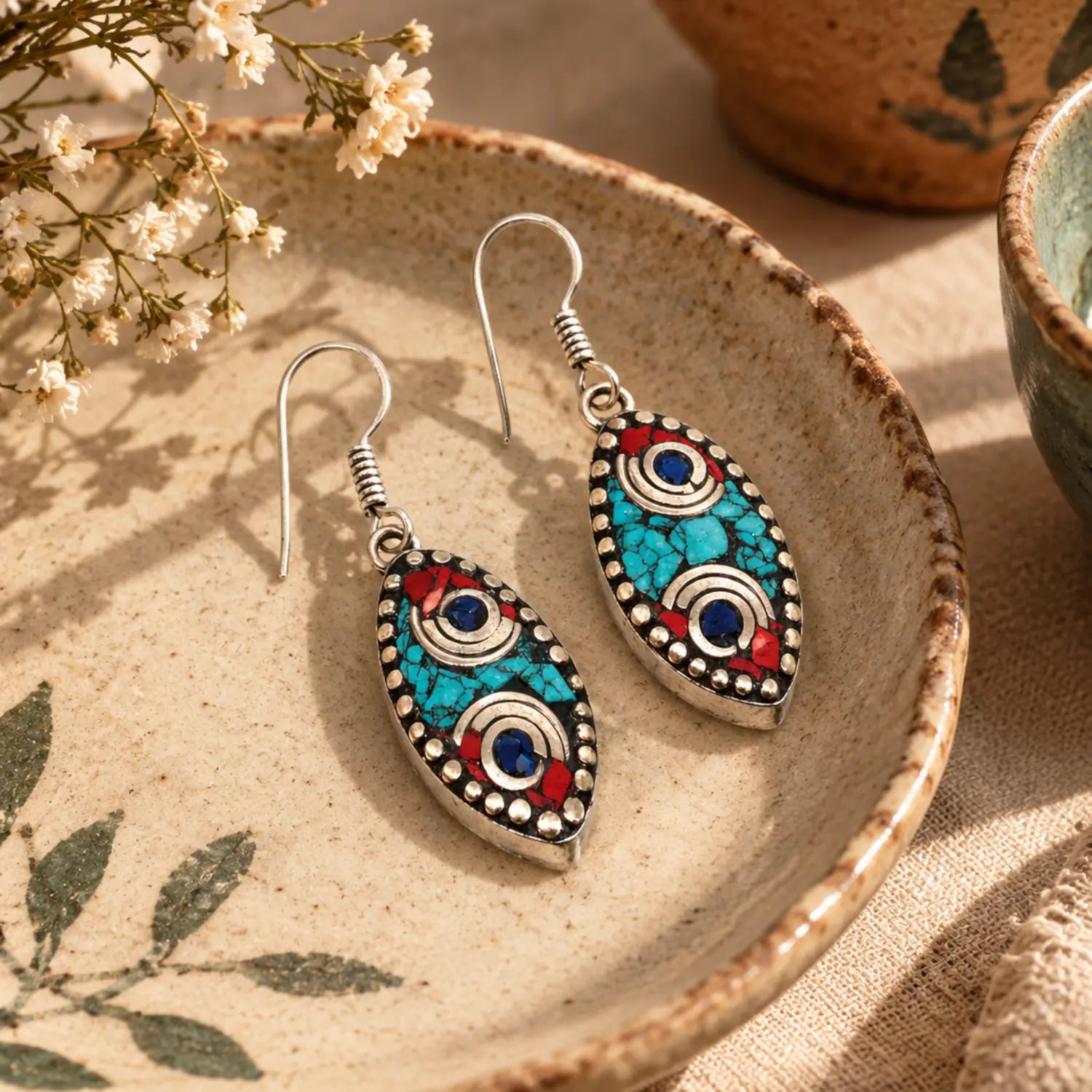 Vintage Turquoise & Coral Drop Earrings| Earthan