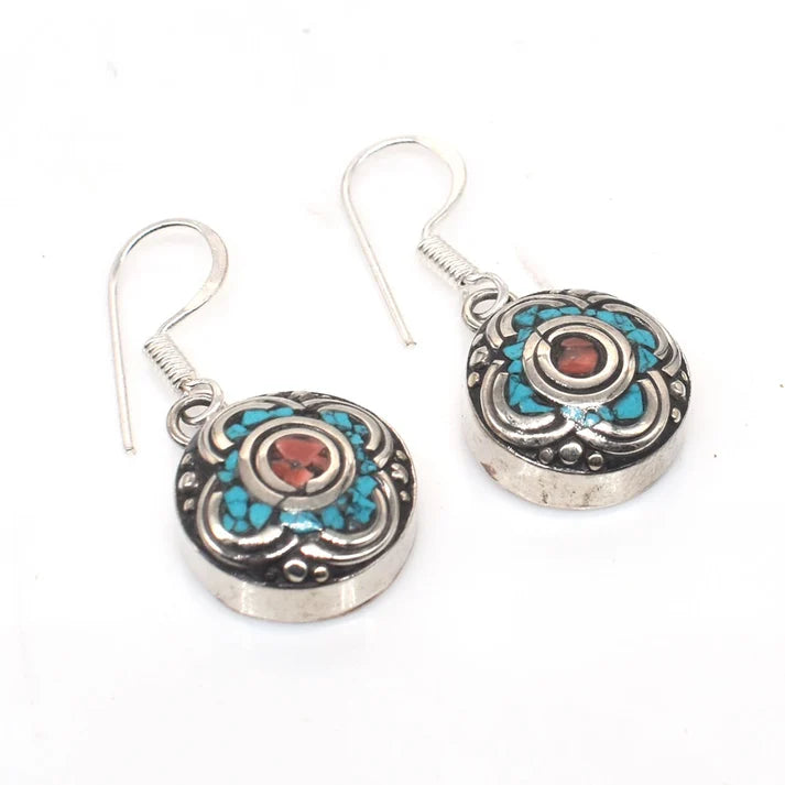Silver Jewelry Turquoise Lapis Coral Drop Earrings | Earthan