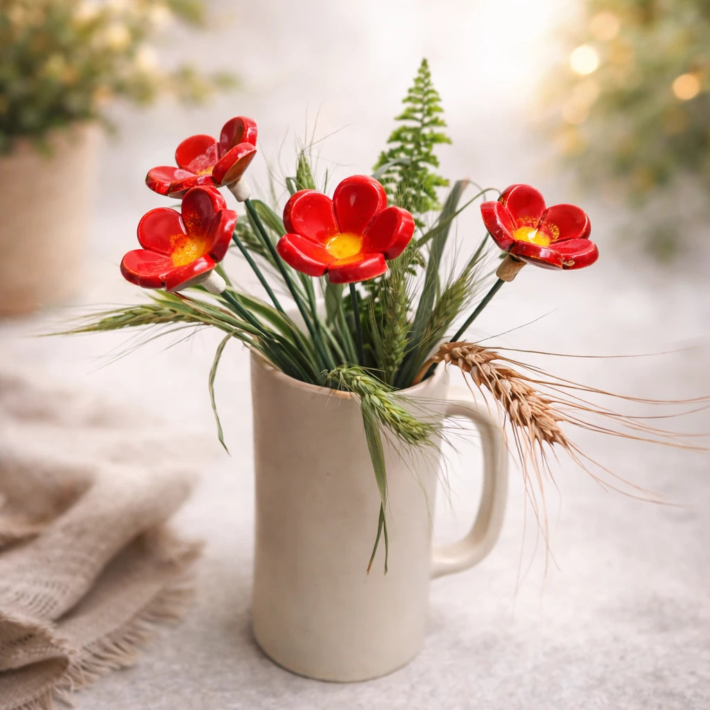 Handmade flower arrangement with red ceramic flowers and greenery in a white mug, perfect for summer decor.