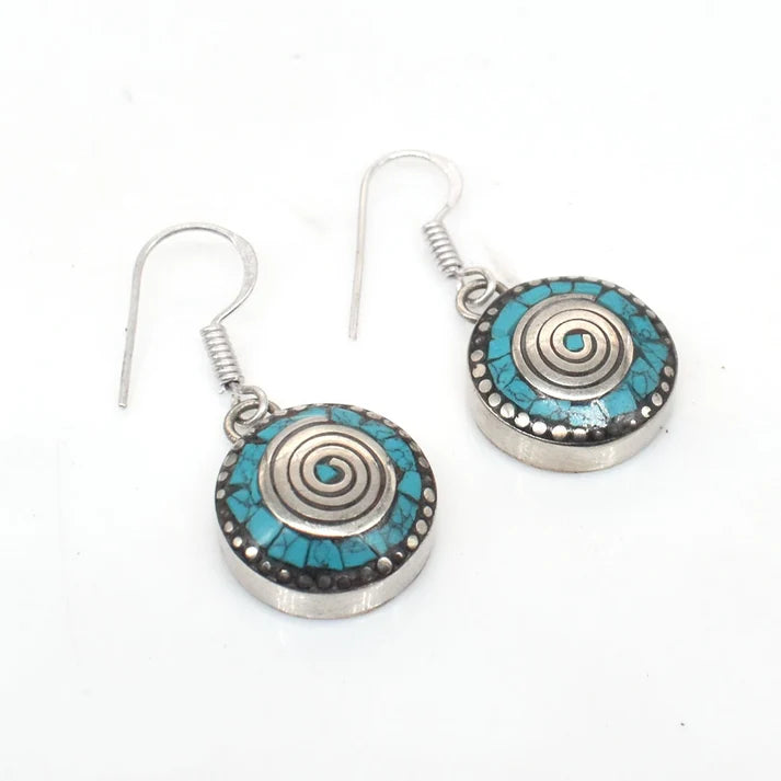 Tibetan Silver Turquoise Blue Dangling Earrings | Earthan