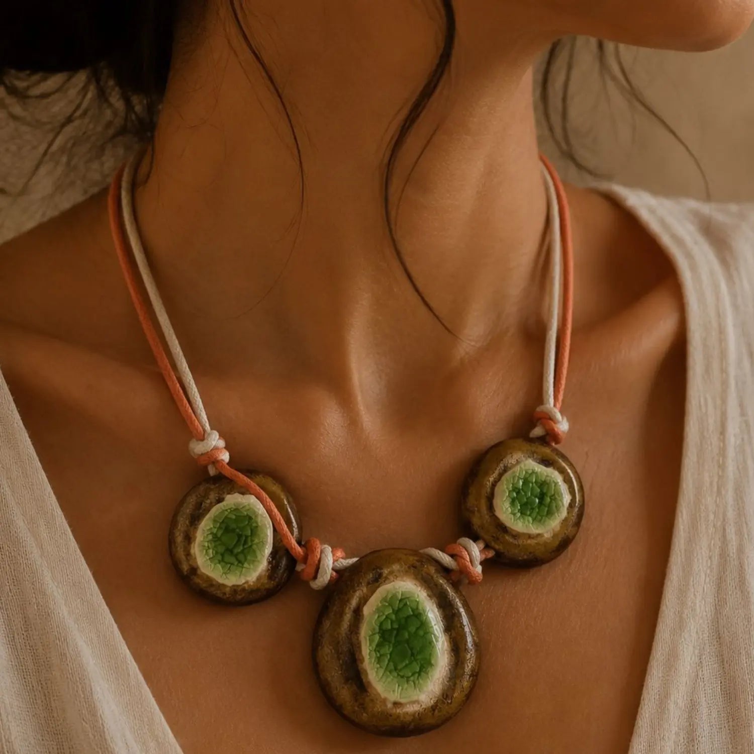 Glass Infused Handmade Ceramic Necklace 