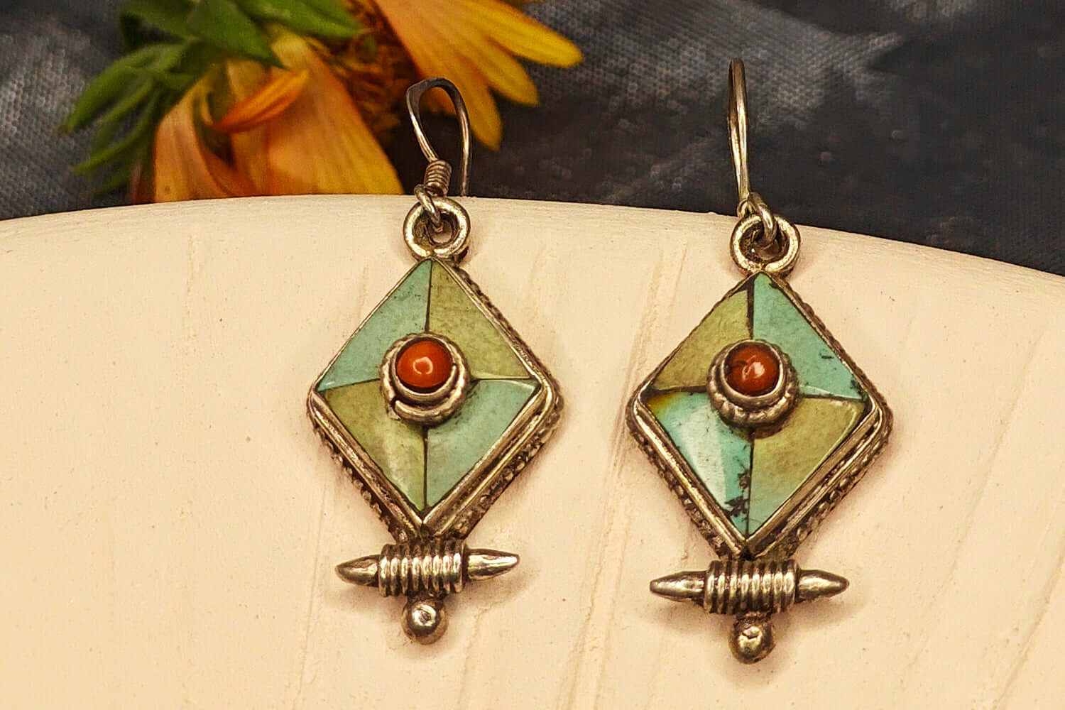 Vintage Turquoise & Coral Drop Earrings