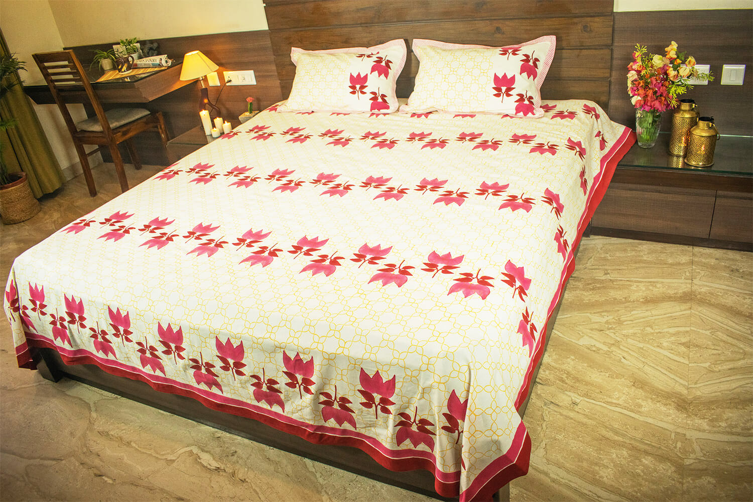 Gulabi - Hand block printed cotton bed sheets and pillow cases | Earthan