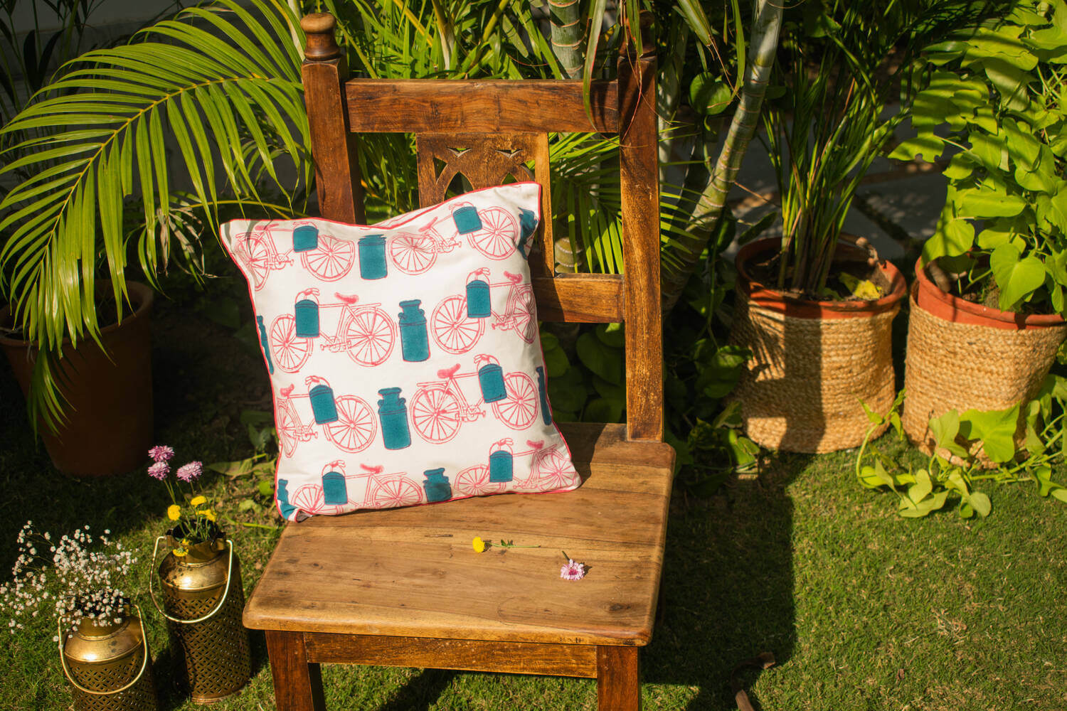 Rhythm Pink Cycle - Hand block printed cotton cushion covers | Earthan