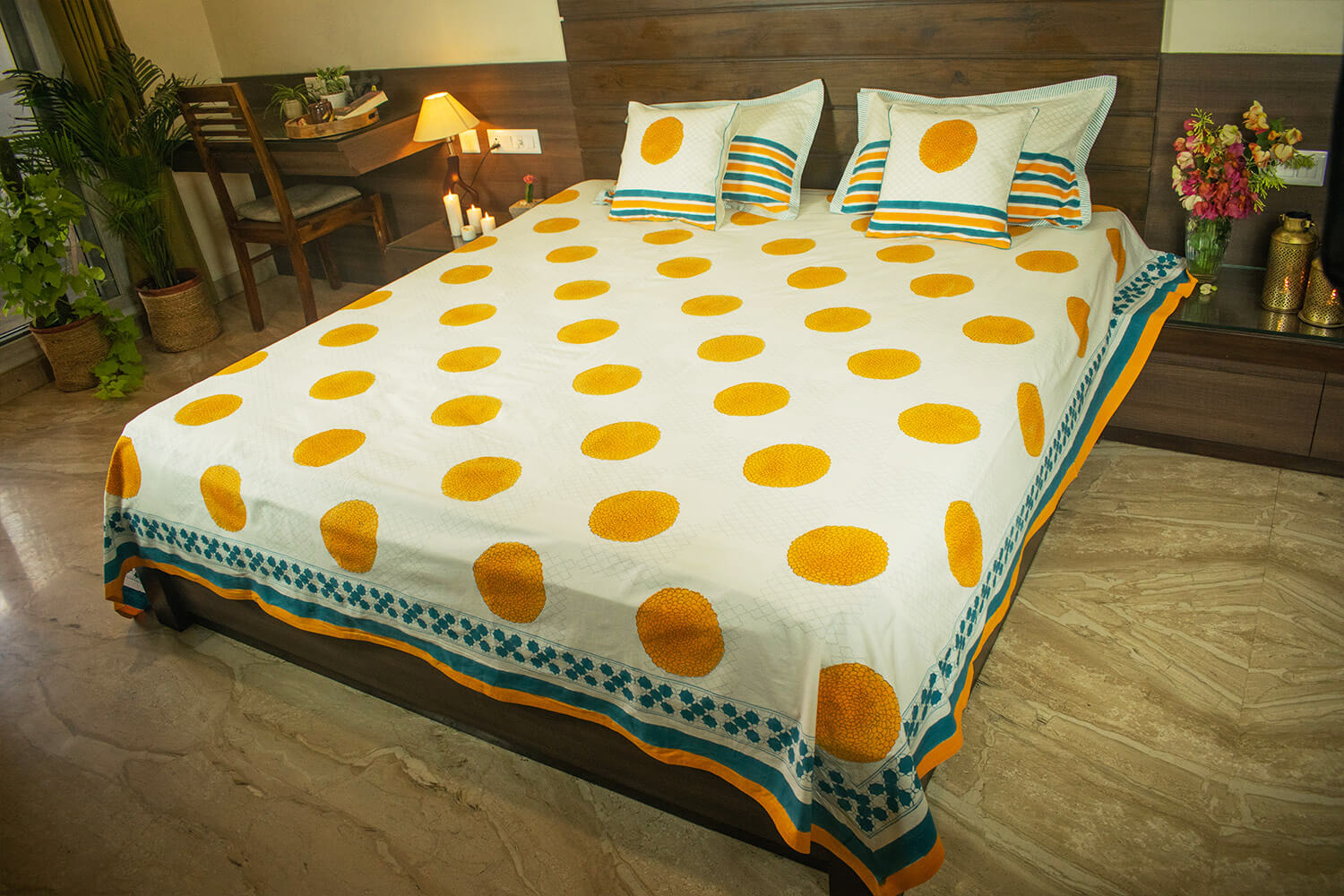 Genda Phool - Hand block printed cotton bed sheets and pillow cases  | Earthan