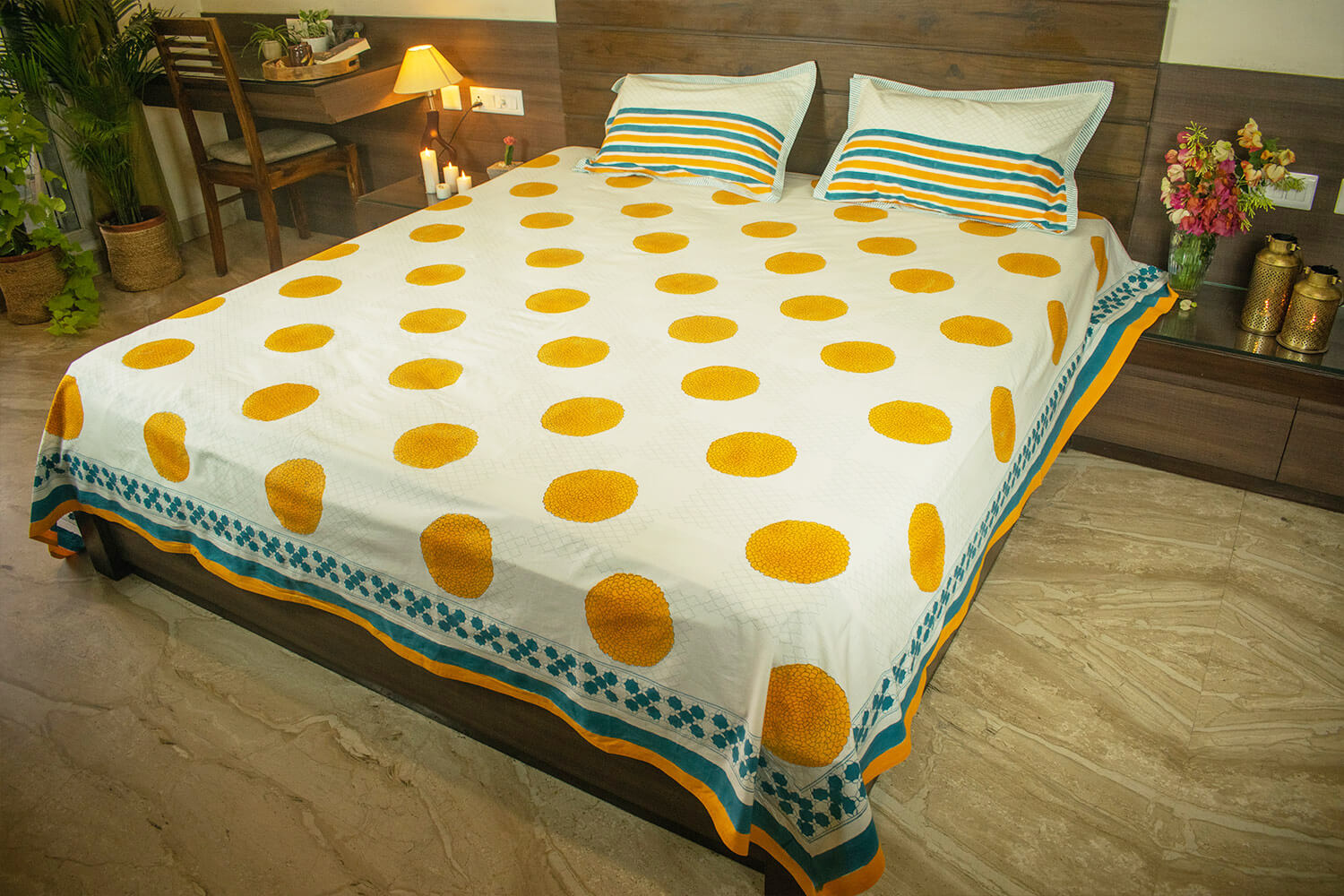Genda Phool - Hand block printed cotton bed sheets and pillow cases | Earthan