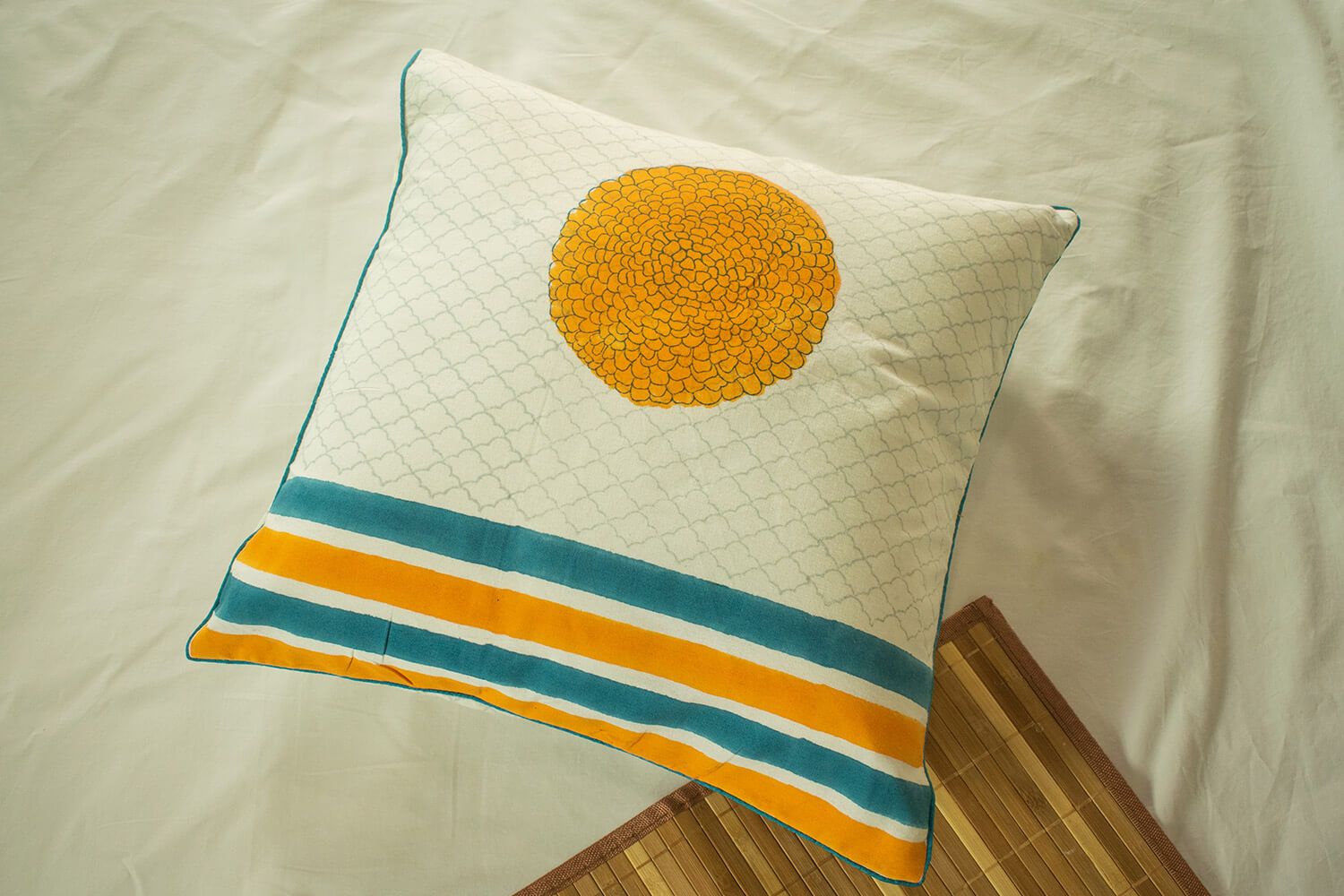 Genda phool - Hand block printed cotton cushion cover | Earthan 