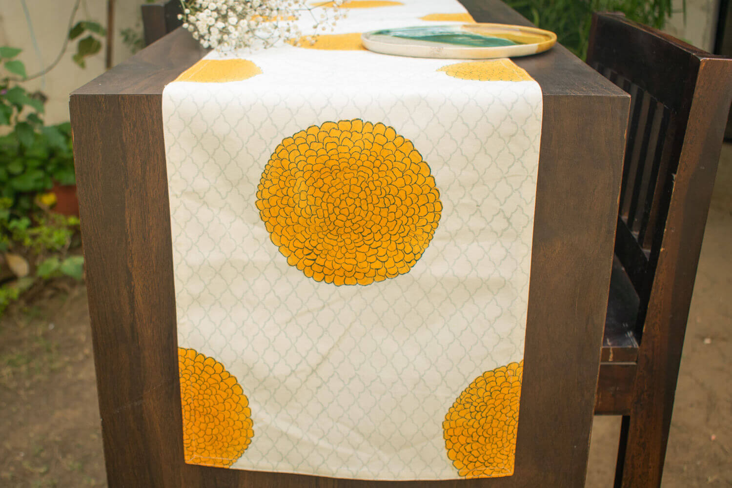Genda Phool - Hand block printed cotton canvas table runner | Earthan 