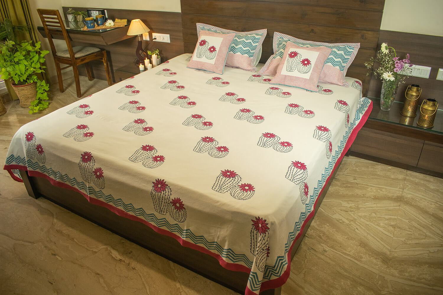 Registani Gulab - Hand block printed cotton bed sheets and pillow cases | Earthan