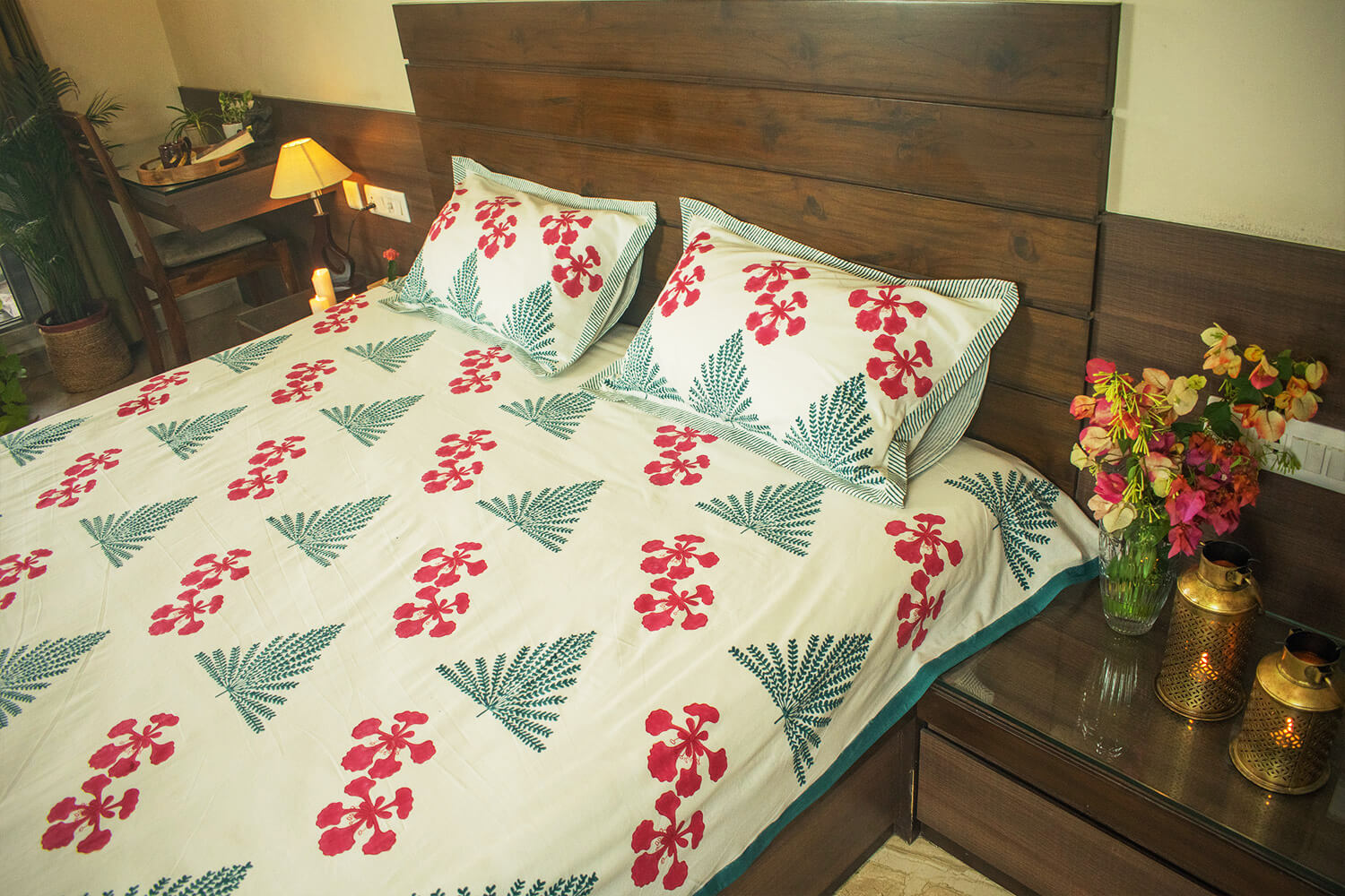 Gulmohar Galore - Hand block printed cotton bed sheets and pillow cases | Earthan