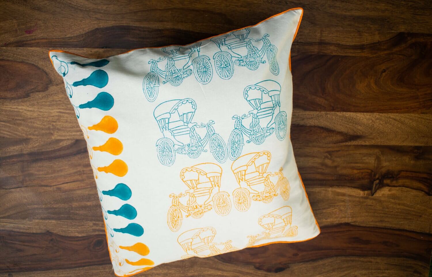 Cycle Rickshaw - Hand block printed cotton cushion covers | Earthan 