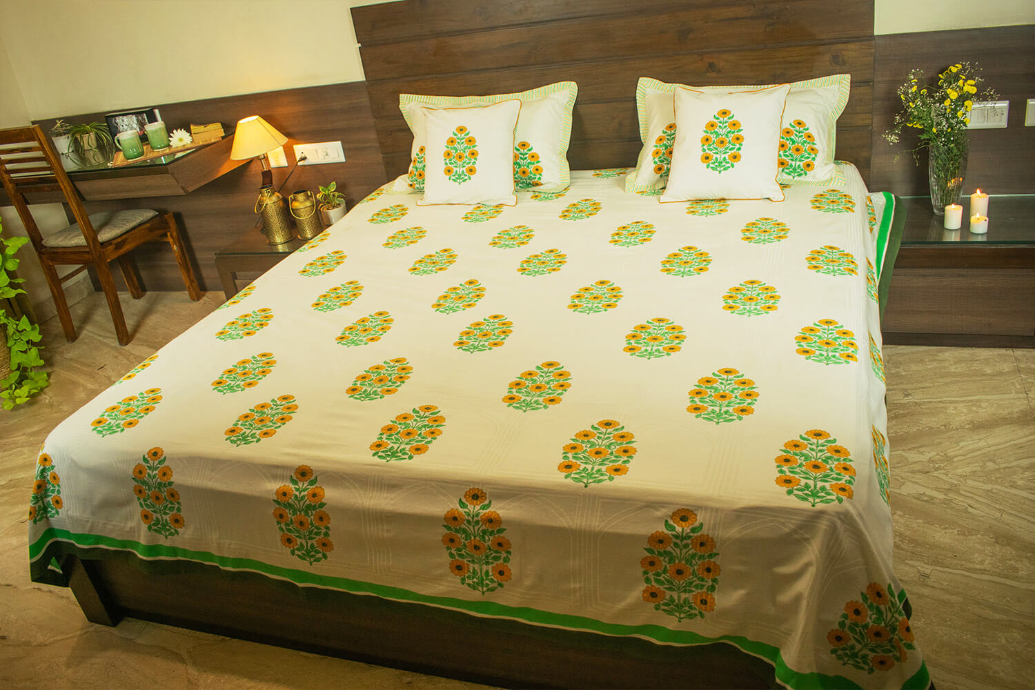 Surajmukhi - Hand block printed cotton bed sheets and pillow cases | Earthan
