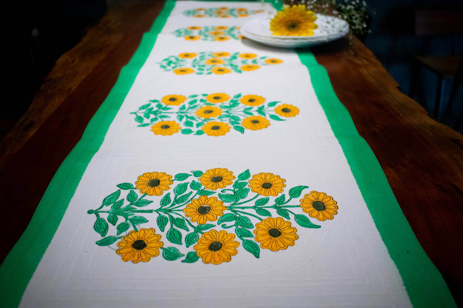 Surajmukhi - Hand block printed cotton canvas table runner | Earthan