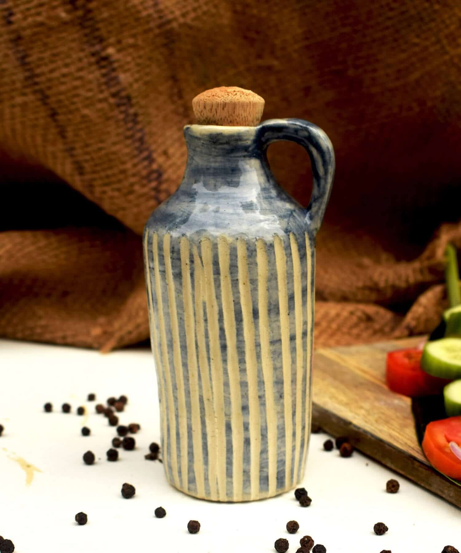 Rustic Hand-carved Ceramic Oil Bottle | Earthan