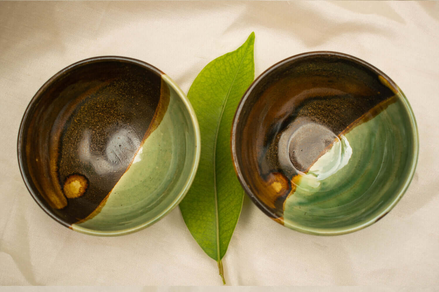 Ceramic Half & Half Green Brown Bowl | Earthan 