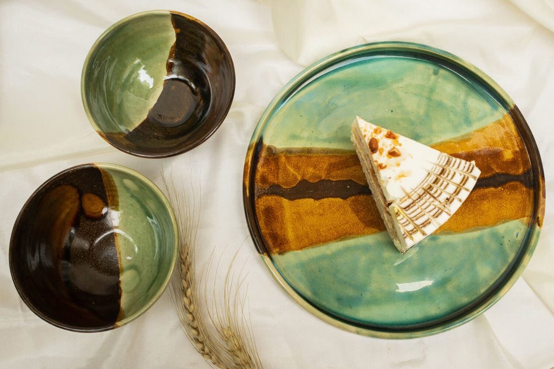 Buy Studio Pottery Green Ceramic Plate and 2 Bowl Set Online