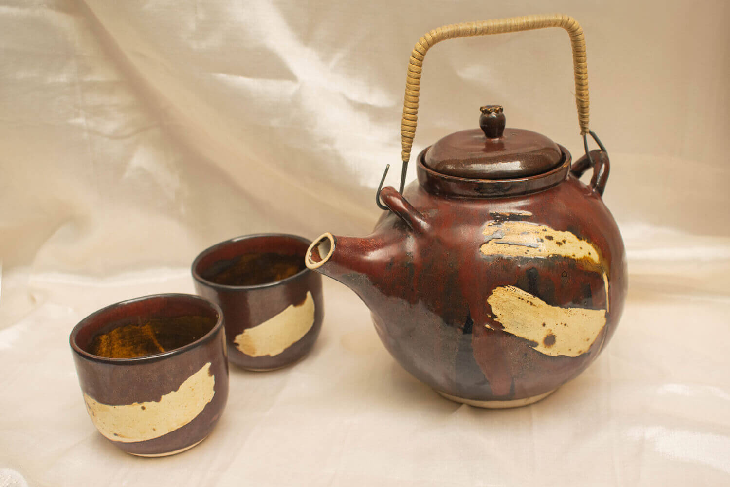Studio Pottery Ceramic Red Teapot and Cups Set
